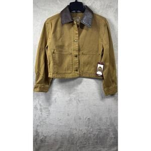 CI Sono NEW Womens Cropped Denim Jacket XS Khaki Button Up VeganLeather Collar